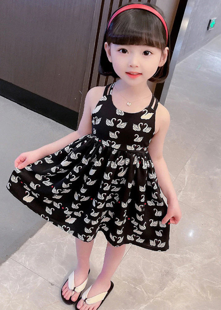 Cute Black Animal Print Patchwork Cotton Girls Slip Long Dress Summer - Image 4