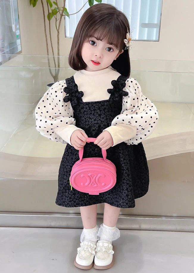 Cute Black Dot Patchwork False Two Pieces Cotton Girls Dresses Lantern Sleeve - Image 2