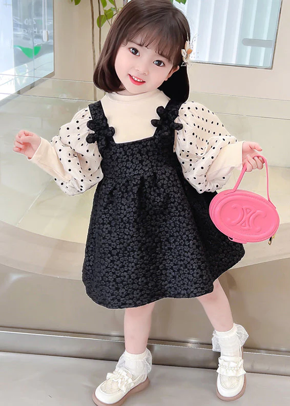 Cute Black Dot Patchwork False Two Pieces Cotton Girls Dresses Lantern Sleeve - Image 3
