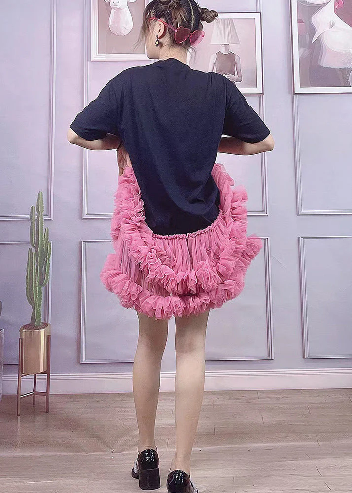 Cute Black O-Neck Bear Applique Tulle Patchwork Cotton Pleated Dress Short Sleeve - Image 4