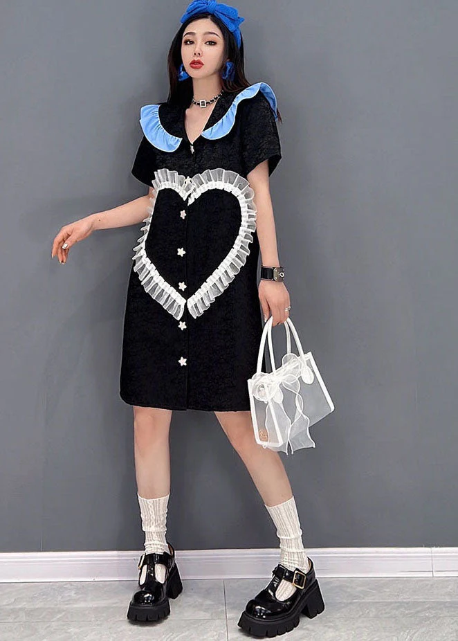 Cute Black Peter Pan Collar Love Tulle Patchwork Shirt Dress Short Sleeve - Image 2