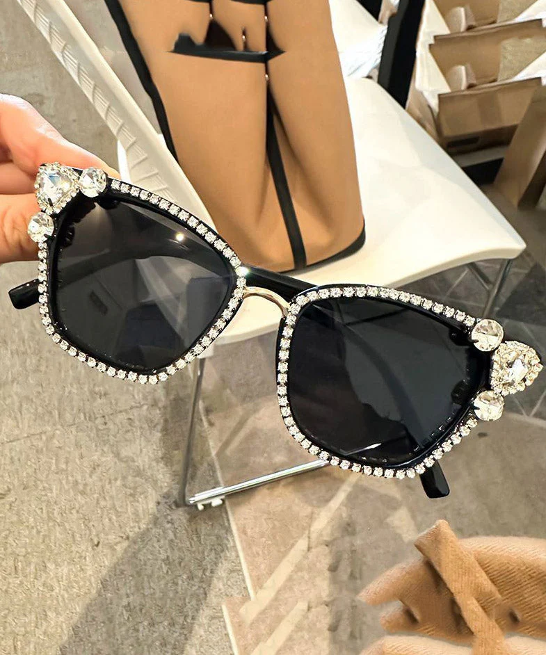 Cute Black Resin Zircon Cat's Eye Sunglasses