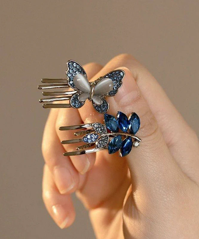 Cute Blue Alloy Zircon Butterfly Crystal Hairpin Two-Piece Set - Image 3
