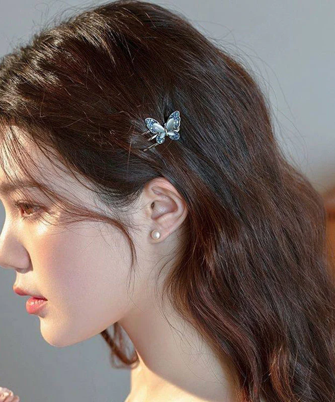 Cute Blue Alloy Zircon Butterfly Crystal Hairpin Two-Piece Set - Image 4