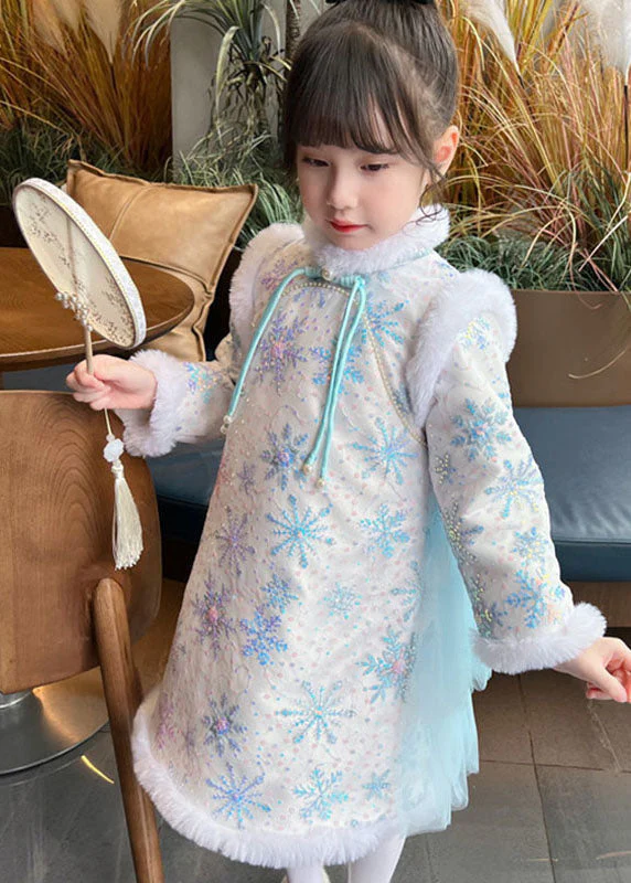 Cute Blue Fur Collar Bow Tulle Patchwork Warm Fleece Girls Long Dress Winter - Image 2