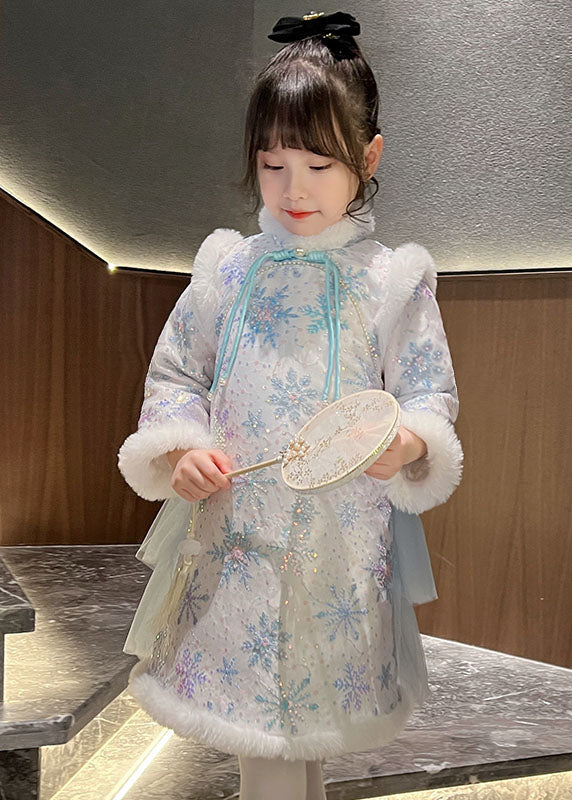 Cute Blue Fur Collar Bow Tulle Patchwork Warm Fleece Girls Long Dress Winter - Image 3