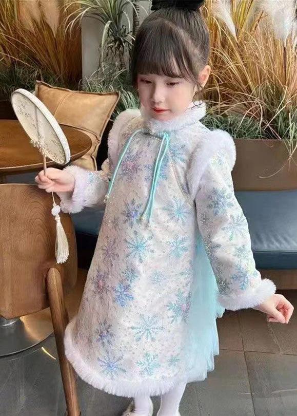 Cute Blue Fur Collar Bow Tulle Patchwork Warm Fleece Girls Long Dress Winter - Image 4