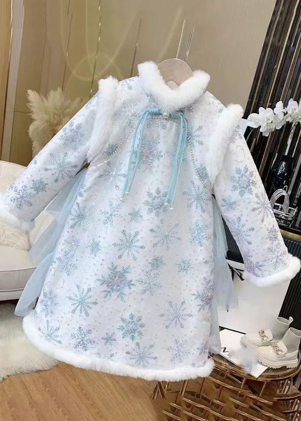 Cute Blue Fur Collar Bow Tulle Patchwork Warm Fleece Girls Long Dress Winter - Image 5