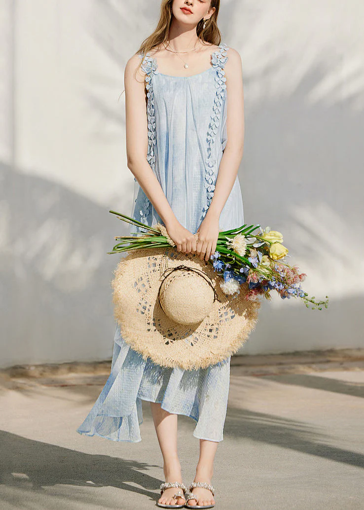 Cute Blue Print Silk Maxi Holiday Spaghetti Strap Dress Sleeveless - Image 2