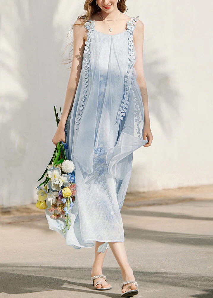 Cute Blue Print Silk Maxi Holiday Spaghetti Strap Dress Sleeveless - Image 3