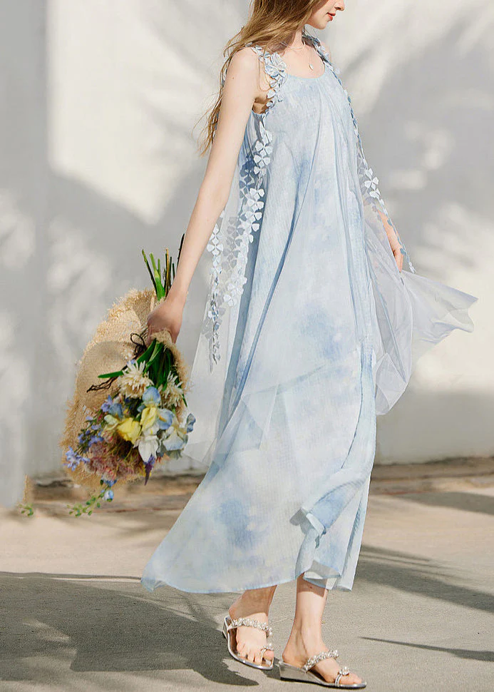 Cute Blue Print Silk Maxi Holiday Spaghetti Strap Dress Sleeveless - Image 4