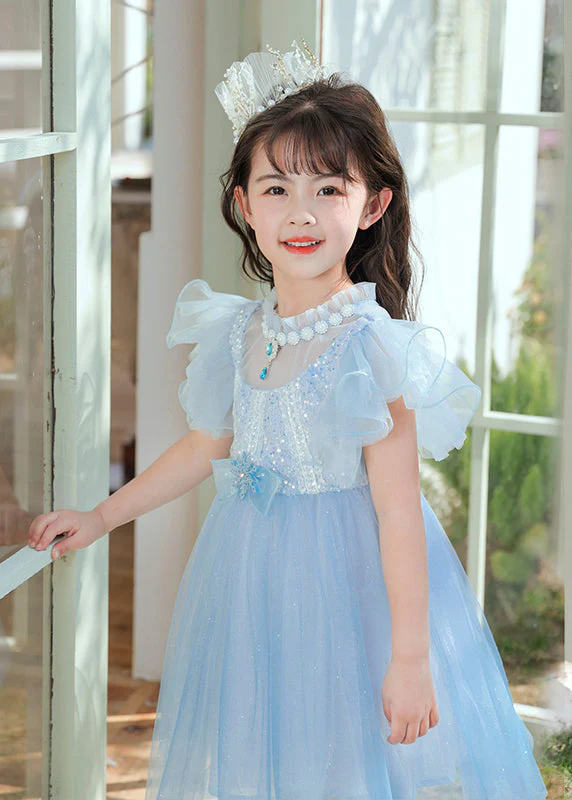 Cute Blue Sequins Patchwork Bow Tulle Kids Girls Maxi Dresses Butterfly Sleeve - Image 2