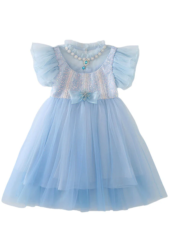 Cute Blue Sequins Patchwork Bow Tulle Kids Girls Maxi Dresses Butterfly Sleeve - Image 5