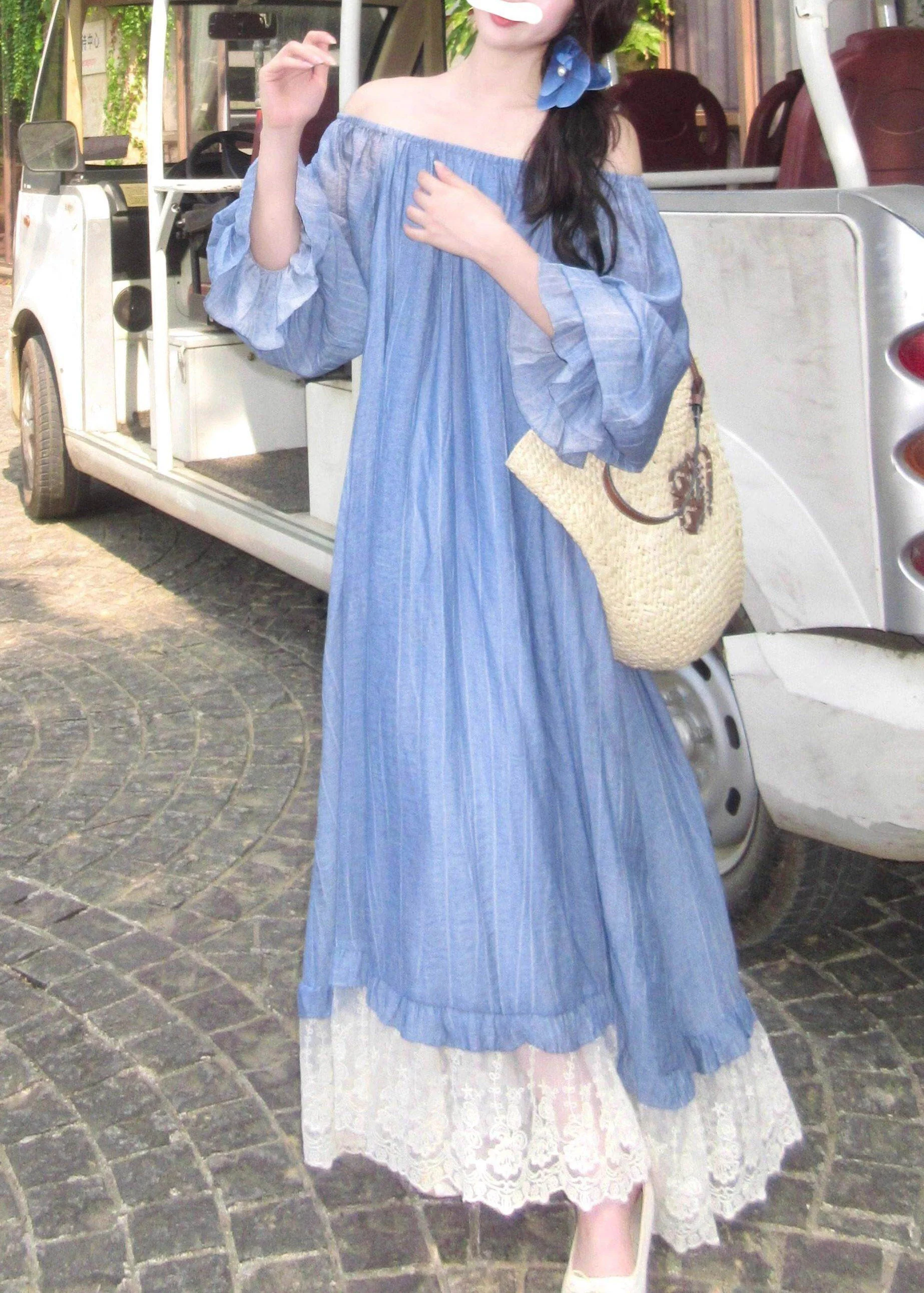 Cute Blue Slash Neck Patchwork Long Dress Fall - Image 2