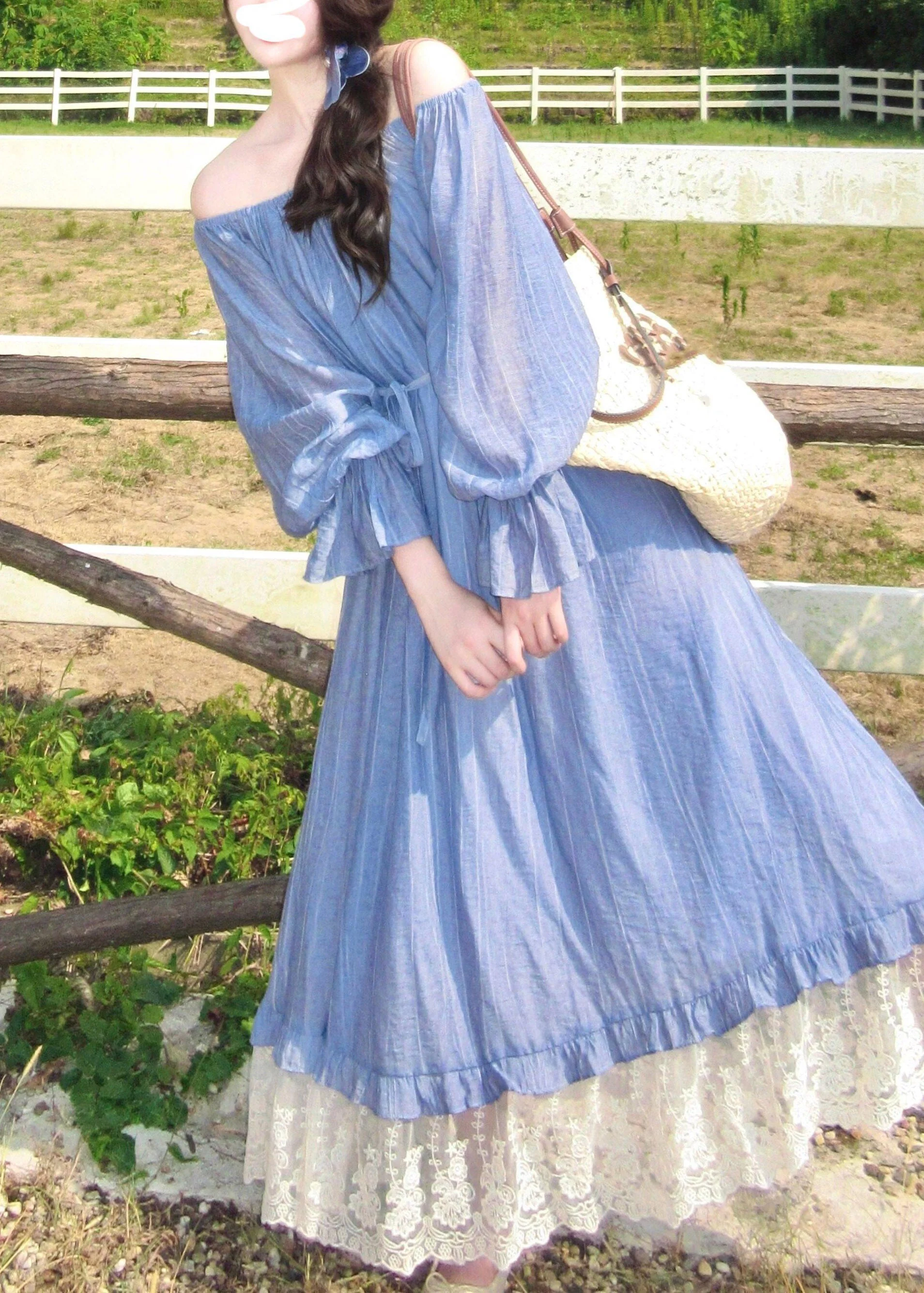 Cute Blue Slash Neck Patchwork Long Dress Fall - Image 3