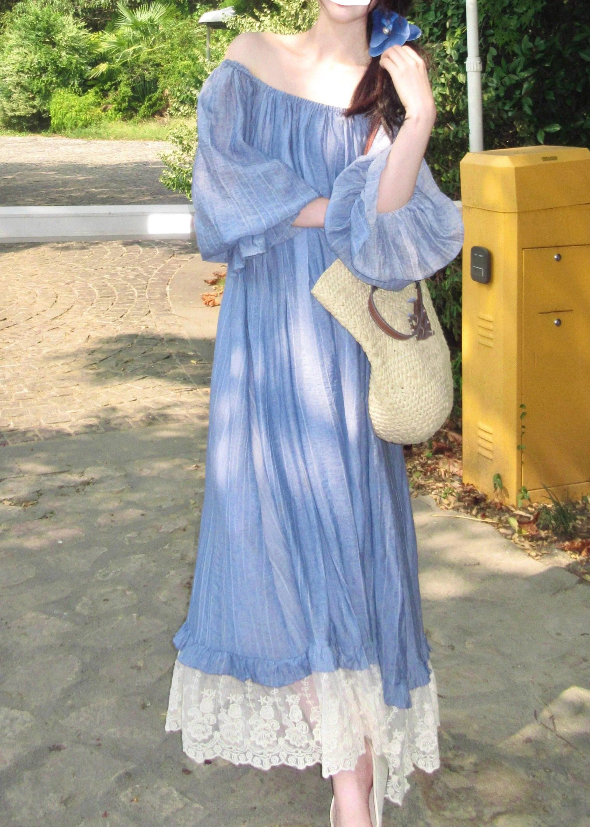 Cute Blue Slash Neck Patchwork Long Dress Fall - Image 4