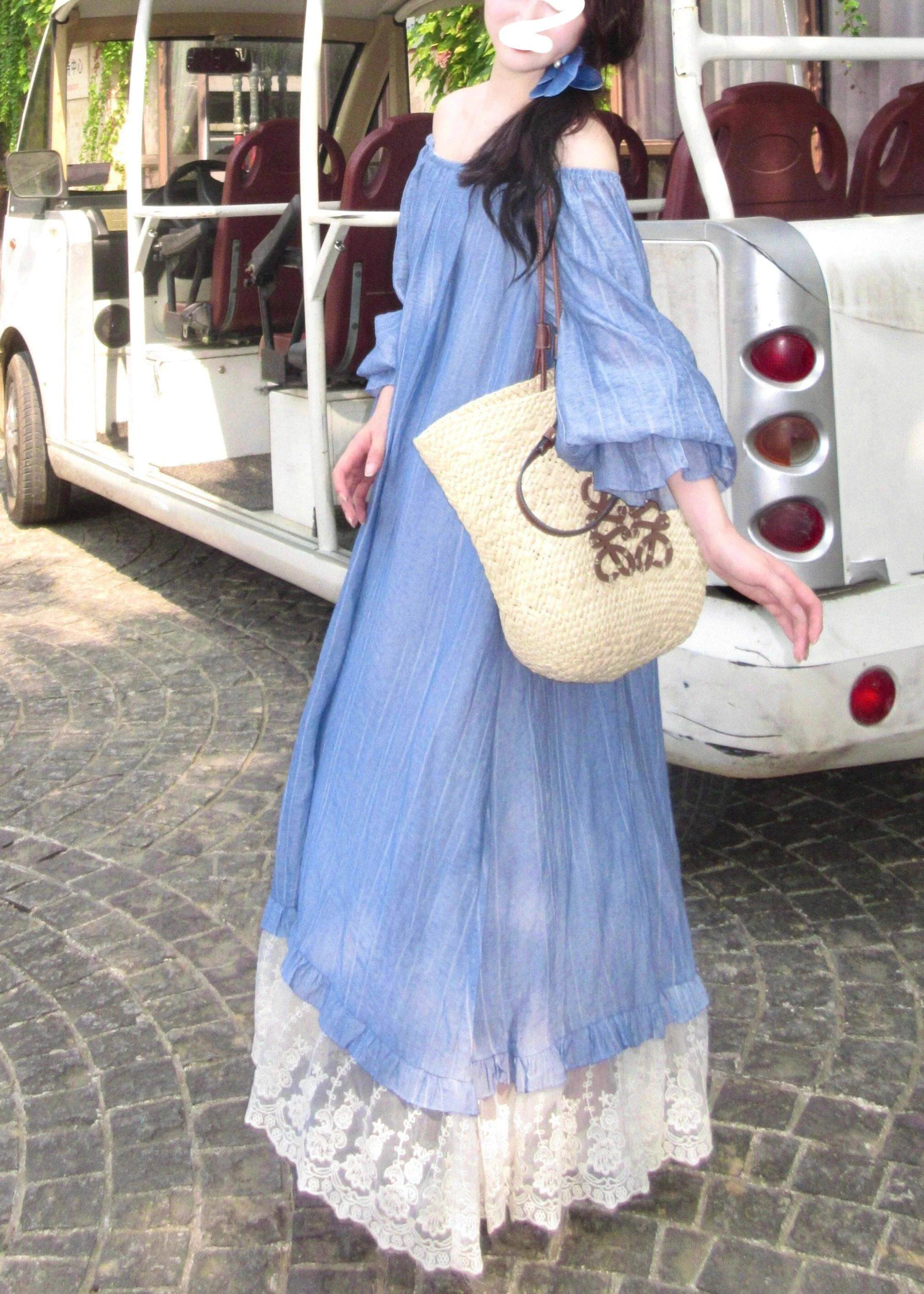 Cute Blue Slash Neck Patchwork Long Dress Fall - Image 5