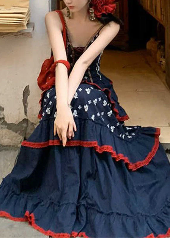 Cute Blue V Neck Print Patchwork Party Long Dress Summer - Image 3