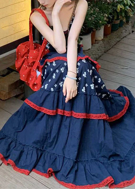Cute Blue V Neck Print Patchwork Party Long Dress Summer - Image 4