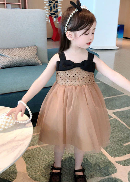 Cute Coffee Bow Wrinkled Patchwork Tulle Kids Girls Dresses Summer - Image 2