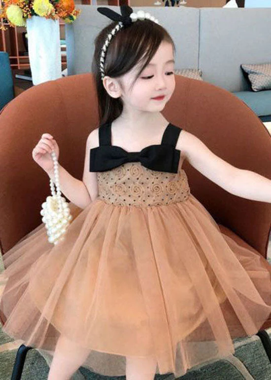 Cute Coffee Bow Wrinkled Patchwork Tulle Kids Girls Dresses Summer - Image 3