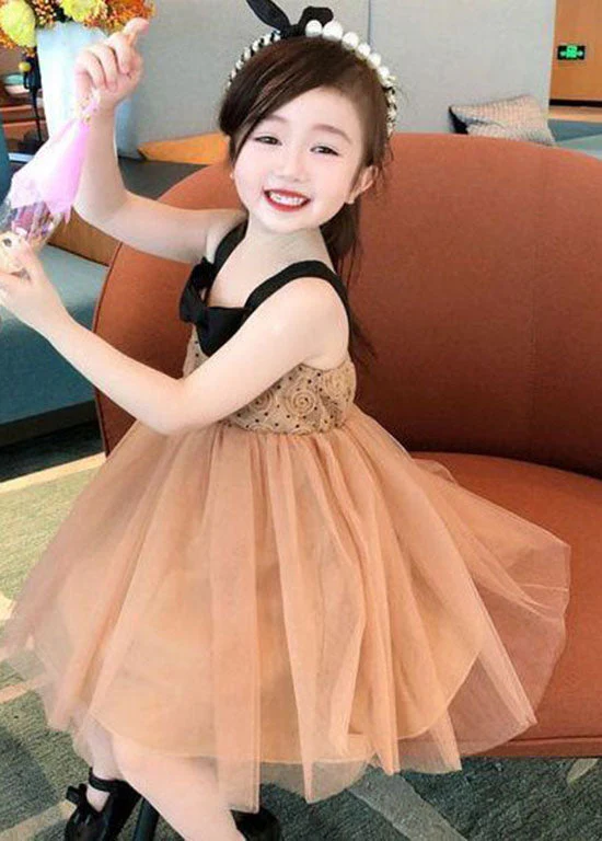 Cute Coffee Bow Wrinkled Patchwork Tulle Kids Girls Dresses Summer - Image 4