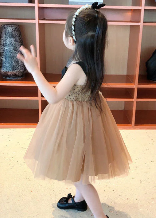 Cute Coffee Bow Wrinkled Patchwork Tulle Kids Girls Dresses Summer - Image 5