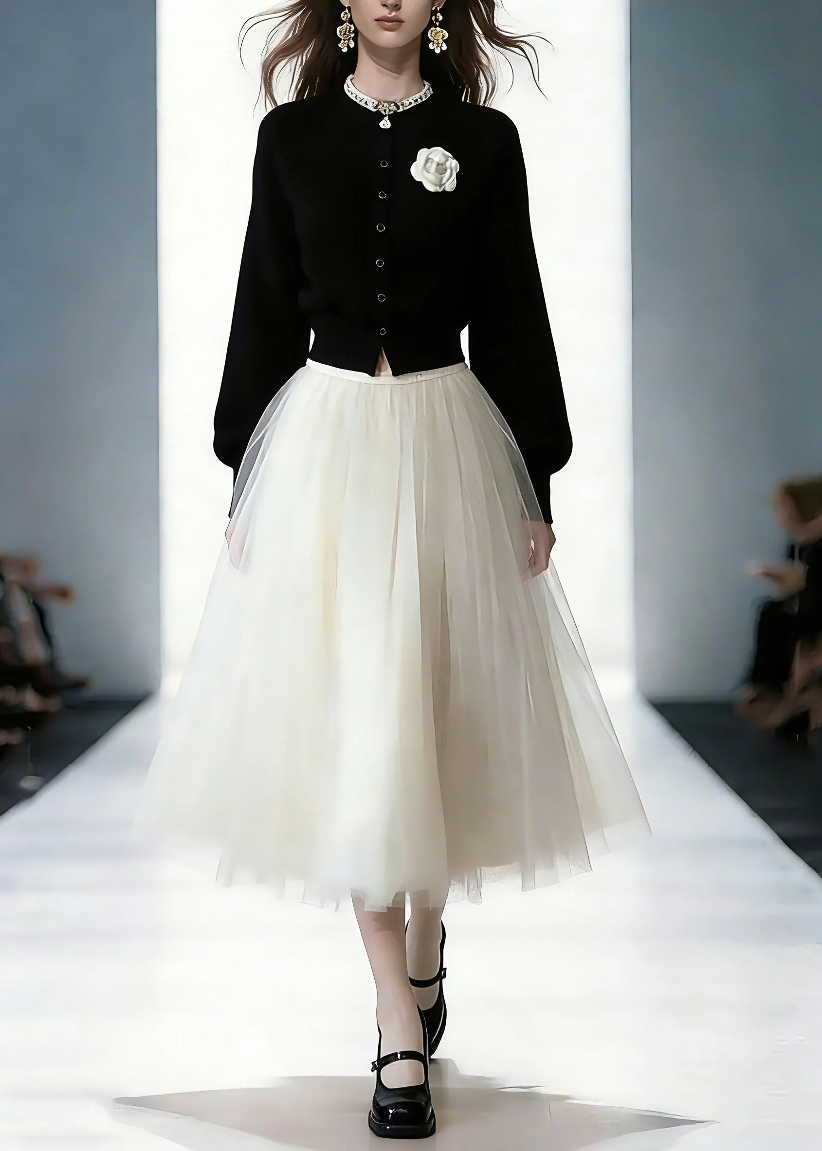 Cute Cotton Knit Cardigans And Tulle Maxi Skirts Two Piece Set Spring - Image 3