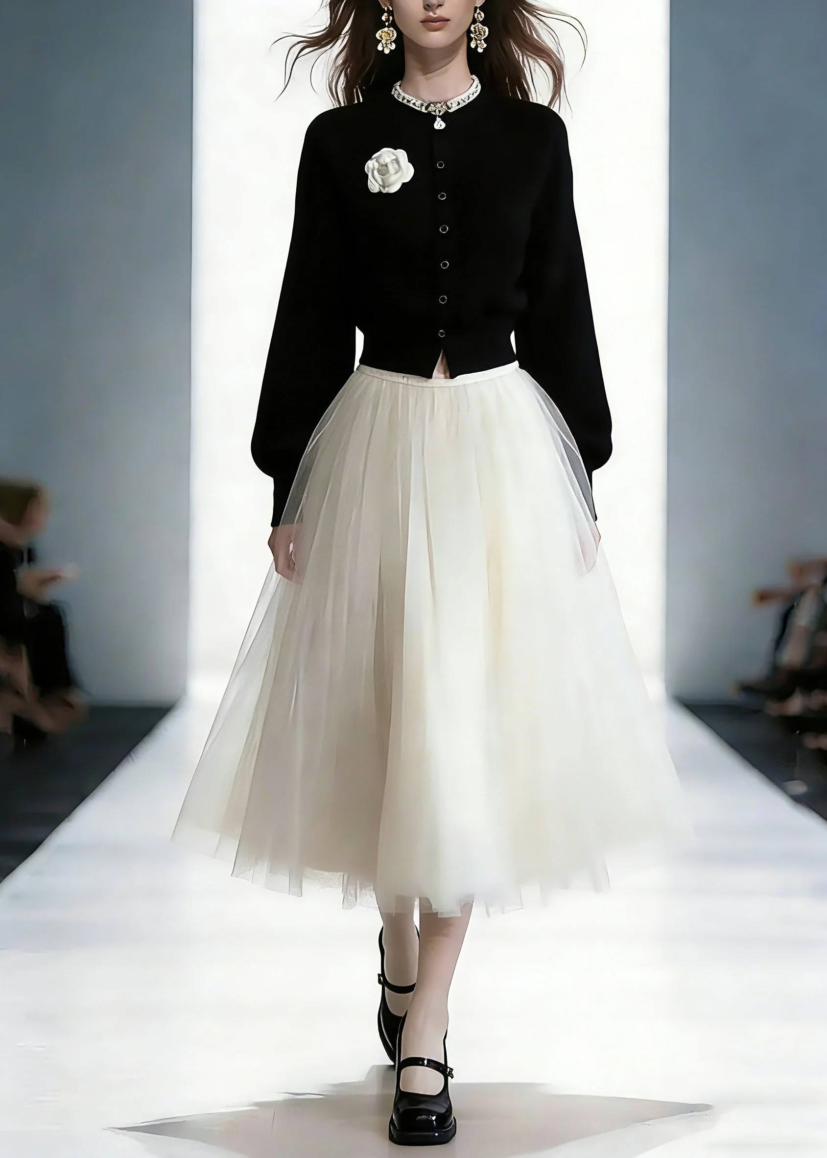 Cute Cotton Knit Cardigans And Tulle Maxi Skirts Two Piece Set Spring - Image 5
