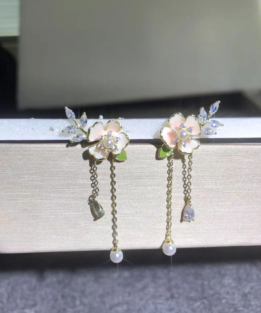Cute Gold Alloy Zircon Pearl Dripping Glaze Floral Tassel Drop Earrings - Image 3