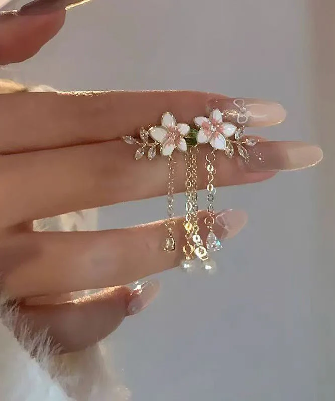 Cute Gold Alloy Zircon Pearl Dripping Glaze Floral Tassel Drop Earrings - Image 4