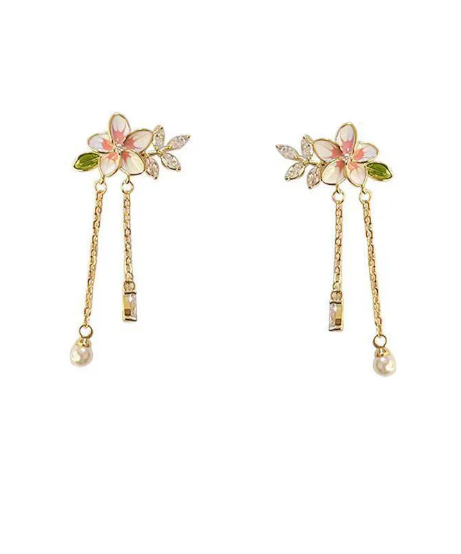 Cute Gold Alloy Zircon Pearl Dripping Glaze Floral Tassel Drop Earrings - Image 5