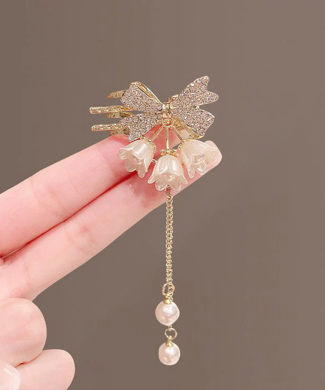 Cute Gold Alloy Zircon Pearl Lily Of The Valley Tassel Hairpin - Image 2