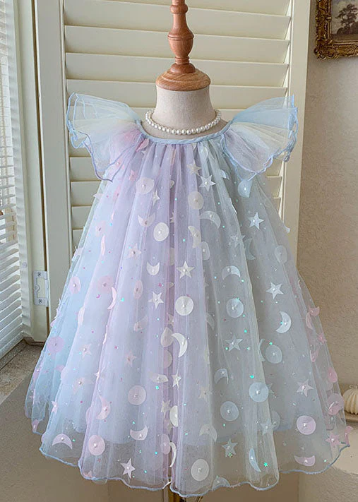 Cute Gradient Blue Sequins Wrinkled Patchwork Tulle Baby Girls Dress Summer - Image 2