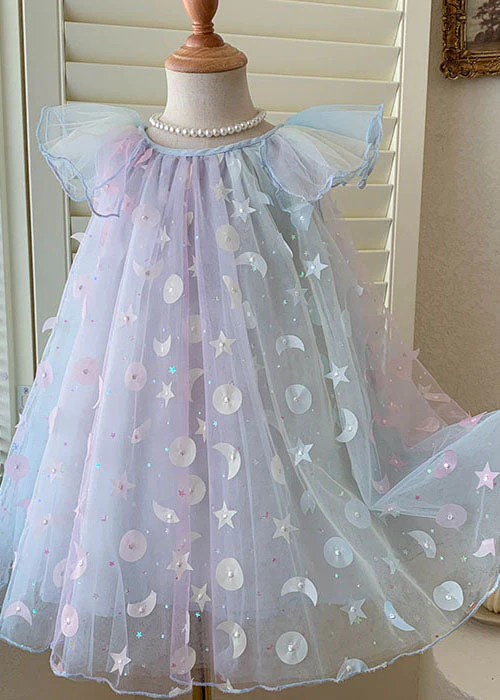 Cute Gradient Blue Sequins Wrinkled Patchwork Tulle Baby Girls Dress Summer - Image 3