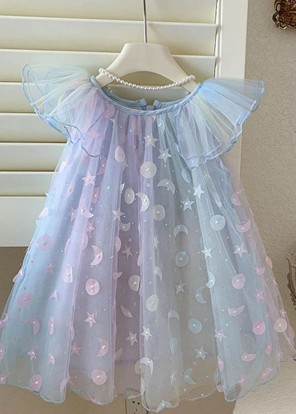 Cute Gradient Blue Sequins Wrinkled Patchwork Tulle Baby Girls Dress Summer - Image 4