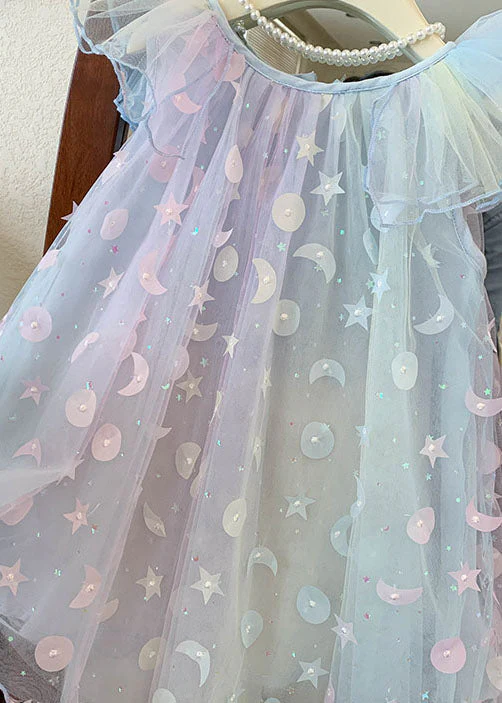 Cute Gradient Blue Sequins Wrinkled Patchwork Tulle Baby Girls Dress Summer - Image 5