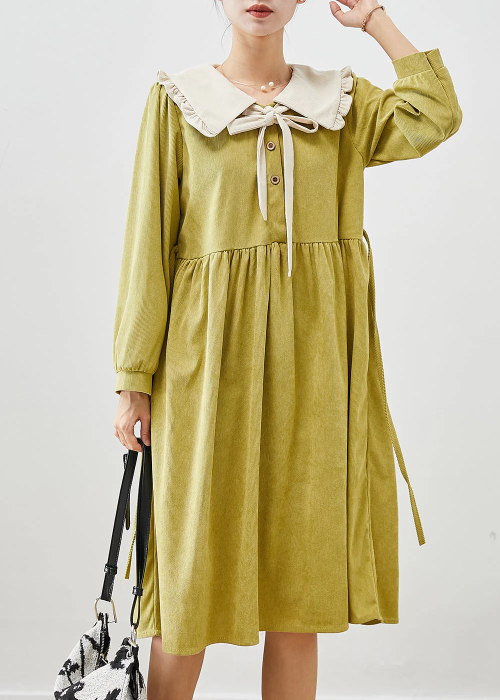 Cute Grass Green Oversized Corduroy Dress Fall - Image 3