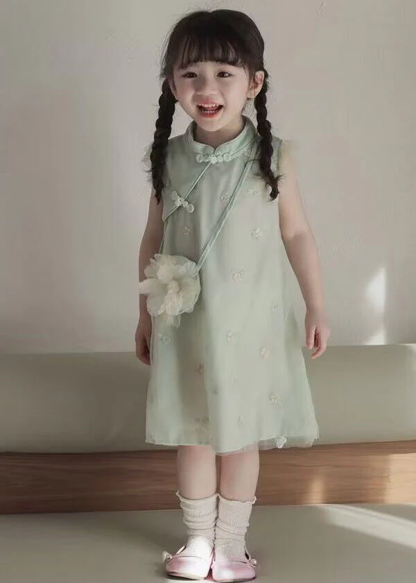 Cute Green Embroideried Button Girls Long Dresses Summer - Image 2