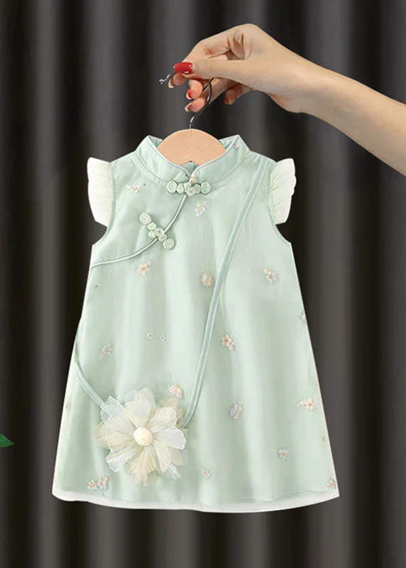 Cute Green Embroideried Button Girls Long Dresses Summer - Image 3