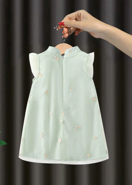 Cute Green Embroideried Button Girls Long Dresses Summer - Image 4