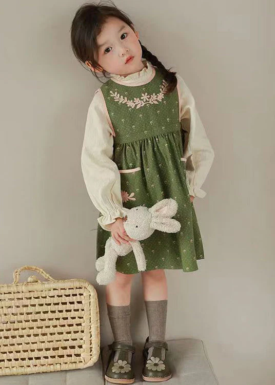 Cute Green Embroideried Ruffled Tops And Waistcoat Dress Cotton Girls Two Fall - Image 2