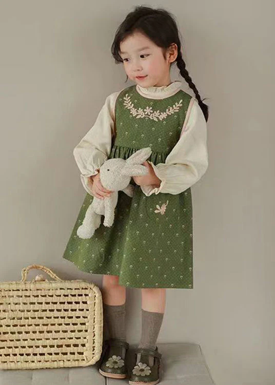 Cute Green Embroideried Ruffled Tops And Waistcoat Dress Cotton Girls Two Fall - Image 3
