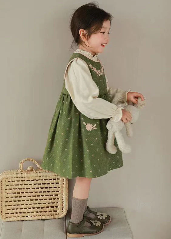 Cute Green Embroideried Ruffled Tops And Waistcoat Dress Cotton Girls Two Fall - Image 4