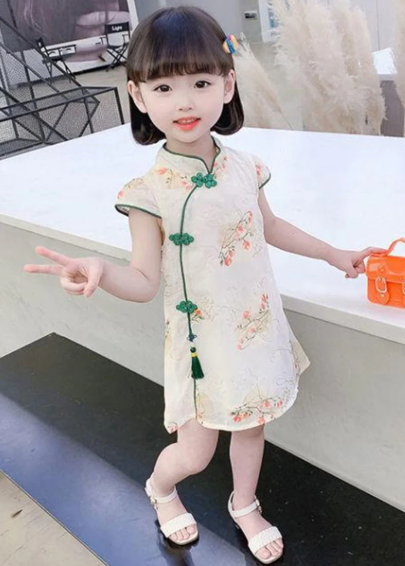 Cute Green Embroideried Tassel Silk Girls Mid Dress Short Sleeve - Image 2