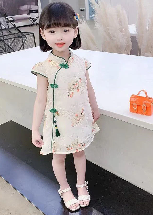 Cute Green Embroideried Tassel Silk Girls Mid Dress Short Sleeve - Image 3