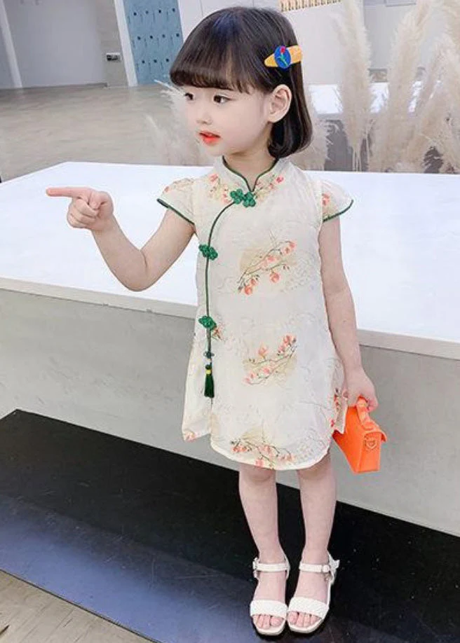 Cute Green Embroideried Tassel Silk Girls Mid Dress Short Sleeve - Image 4