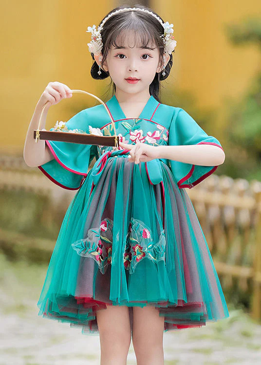 Cute Green Embroideried Tie Waist Tulle Girls Mid Dress Summer - Image 2