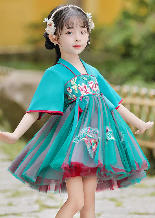 Cute Green Embroideried Tie Waist Tulle Girls Mid Dress Summer - Image 3