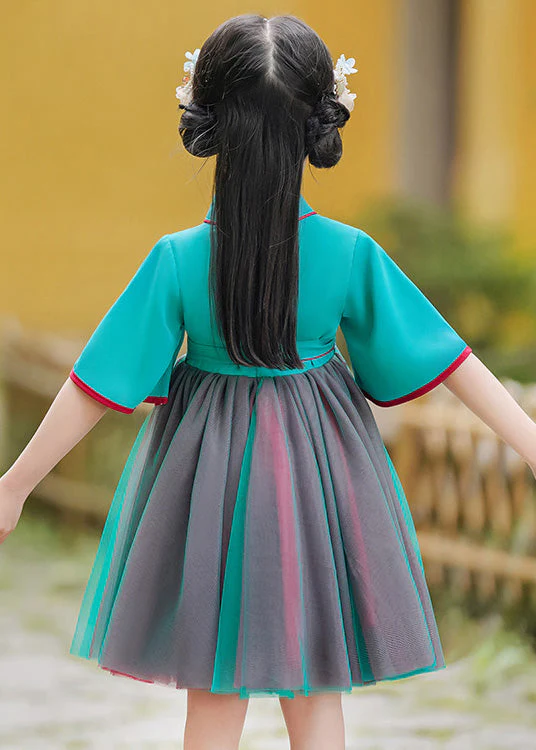 Cute Green Embroideried Tie Waist Tulle Girls Mid Dress Summer - Image 4